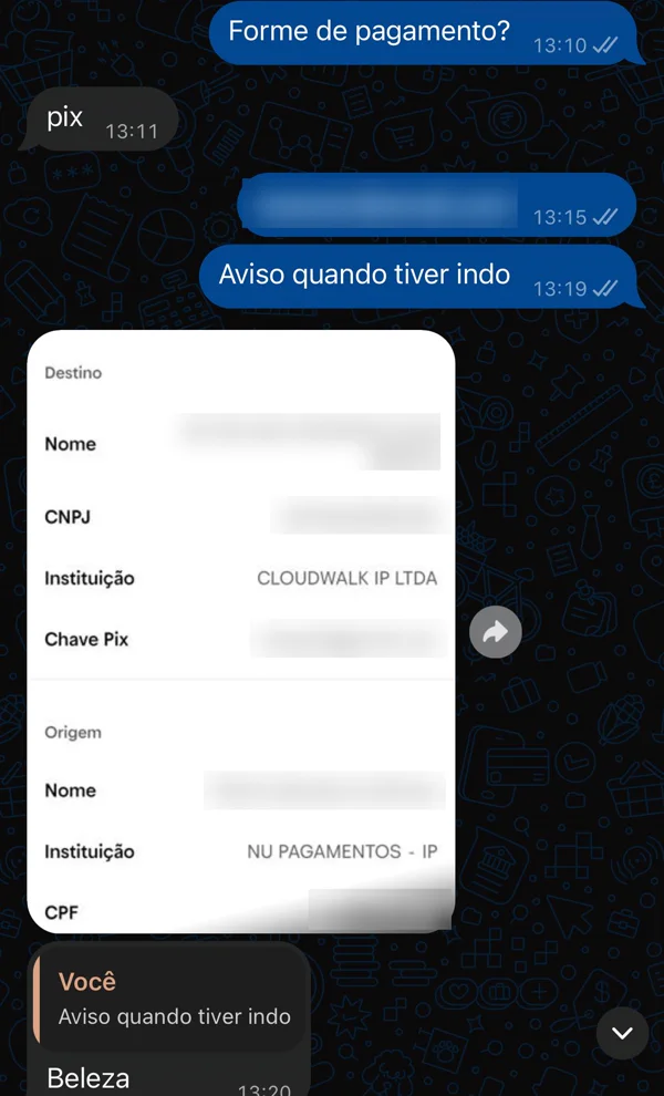 Cliente paga no Pix e manda o comprovante (dados borrados): “Aviso quando tiver indo” “Beleza”