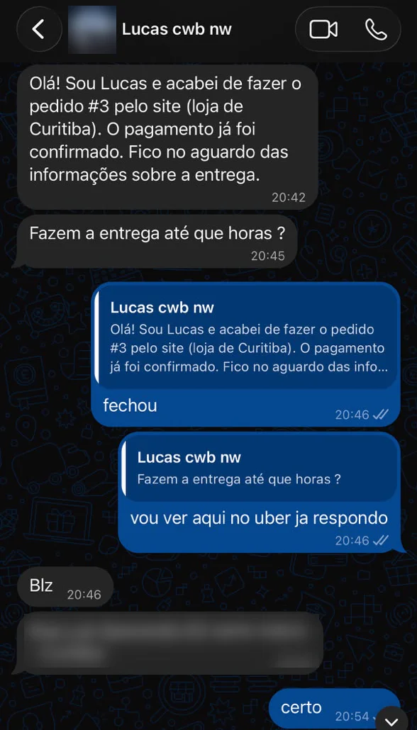 Cliente avisa no WhatsApp que fez o pedido #3 pela loja de Curitiba e que o pagamento já foi confirmado (endereço borrado)