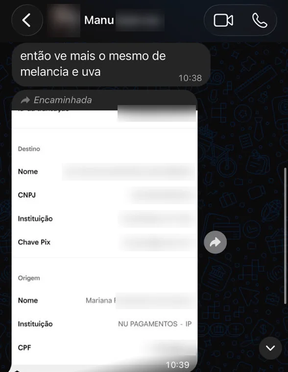 Cliente pede mais dois pods de melancia e uva e manda o comprovante do Pix (dados borrados)